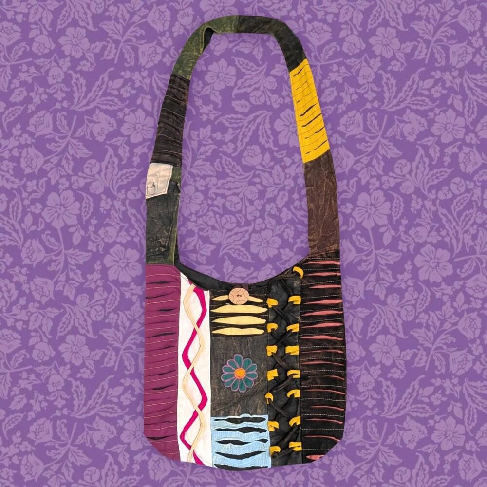 Handmade Patchwork Hippie Boho Crossbody Bag with Embroidered Details